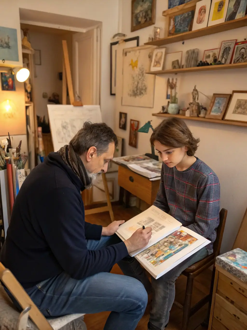 A photo of a mentorship session, featuring an established female artist providing guidance and feedback to an emerging artist in a cozy studio setting.