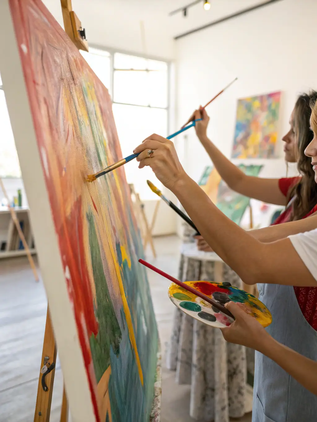 A vibrant photograph capturing a collaborative art project in progress, showcasing several female artists working together on a large canvas, with paintbrushes and various art supplies scattered around.